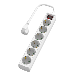 Extension cable with 6 Schuko sockets, with switch, 5 meters, white